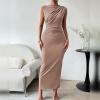 imageIDOPIP Women Formal Mock Neck Ruched Bodycon Dress Elegant Sleeveless Maxi Dress Prom Cocktail Party Wedding Guest OutfitKhaki