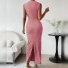 imageIDOPIP Women Formal Mock Neck Ruched Bodycon Dress Elegant Sleeveless Maxi Dress Prom Cocktail Party Wedding Guest OutfitPink
