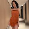 imageIDOPIP Women Halter Tassel Fringe Romper Dressy Sexy Backless Music Festival Club Party Jumpsuit Sleeveless Tie Back PlaysuitBrown