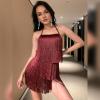 imageIDOPIP Women Halter Tassel Fringe Romper Dressy Sexy Backless Music Festival Club Party Jumpsuit Sleeveless Tie Back PlaysuitWine Red