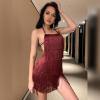 imageIDOPIP Women Halter Tassel Fringe Romper Dressy Sexy Backless Music Festival Club Party Jumpsuit Sleeveless Tie Back PlaysuitWine Red