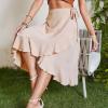 imageIDOPIP Women Irregular HighLow Hem Wrap Skirt Elegant High Waist Tie Side Midi Skirt Casual Summer Beach Ruffle Aline SkirtBeige