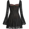 imageIDOPIP Women Long Bell Sleeve Corset Mini Dress Floral Lace Tie Front Ruffle Dress Empire Waist Club Cocktail Party DressBlack