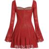 imageIDOPIP Women Long Bell Sleeve Corset Mini Dress Floral Lace Tie Front Ruffle Dress Empire Waist Club Cocktail Party DressRed