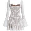imageIDOPIP Women Long Bell Sleeve Corset Mini Dress Floral Lace Tie Front Ruffle Dress Empire Waist Club Cocktail Party DressWhite