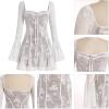 imageIDOPIP Women Long Bell Sleeve Corset Mini Dress Floral Lace Tie Front Ruffle Dress Empire Waist Club Cocktail Party DressWhite