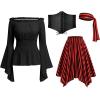 imageIDOPIP Women Renaissance Costume Halloween Pirate Dress Medieval Smoked Offshoulder Top Striped Skirt Bandana Corset OutfitBlack