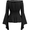 imageIDOPIP Women Renaissance Costume Halloween Pirate Dress Medieval Smoked Offshoulder Top Striped Skirt Bandana Corset OutfitBlack