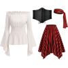 imageIDOPIP Women Renaissance Costume Halloween Pirate Dress Medieval Smoked Offshoulder Top Striped Skirt Bandana Corset OutfitWhite