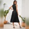 imageIDOPIP Women Summer Casual Pleated Midi Dress 2024 Tie Neck Swiss Dot Swing Dress Formal Shirred Waist Wedding Guest DressBlack