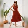 imageIDOPIP Women Summer Casual Pleated Midi Dress 2024 Tie Neck Swiss Dot Swing Dress Formal Shirred Waist Wedding Guest DressBrick Red