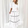 imageIDOPIP Womens Elegant Summer Puff Sleeve Tiered Dress 2024 Casual Button Down Shirt Dress Beach Ruffle Flowy Boho Maxi DressWhite