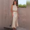 imageIDOPIP Womens Satin Top Long Skirt Dress Sets 2PCS Formal Cocktail Party Outfit Elegant Evening Prom Wedding Bridesmaid GownApricot
