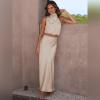 imageIDOPIP Womens Satin Top Long Skirt Dress Sets 2PCS Formal Cocktail Party Outfit Elegant Evening Prom Wedding Bridesmaid GownApricot
