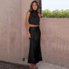 imageIDOPIP Womens Satin Top Long Skirt Dress Sets 2PCS Formal Cocktail Party Outfit Elegant Evening Prom Wedding Bridesmaid GownBlack