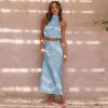 imageIDOPIP Womens Satin Top Long Skirt Dress Sets 2PCS Formal Cocktail Party Outfit Elegant Evening Prom Wedding Bridesmaid GownBlue