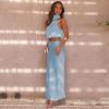 imageIDOPIP Womens Satin Top Long Skirt Dress Sets 2PCS Formal Cocktail Party Outfit Elegant Evening Prom Wedding Bridesmaid GownBlue