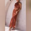 imageIDOPIP Womens Satin Top Long Skirt Dress Sets 2PCS Formal Cocktail Party Outfit Elegant Evening Prom Wedding Bridesmaid GownCoffee