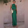 imageIDOPIP Womens Satin Top Long Skirt Dress Sets 2PCS Formal Cocktail Party Outfit Elegant Evening Prom Wedding Bridesmaid GownGreen