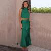 imageIDOPIP Womens Satin Top Long Skirt Dress Sets 2PCS Formal Cocktail Party Outfit Elegant Evening Prom Wedding Bridesmaid GownGreen