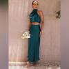 imageIDOPIP Womens Satin Top Long Skirt Dress Sets 2PCS Formal Cocktail Party Outfit Elegant Evening Prom Wedding Bridesmaid GownPeacock Blue