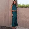 imageIDOPIP Womens Satin Top Long Skirt Dress Sets 2PCS Formal Cocktail Party Outfit Elegant Evening Prom Wedding Bridesmaid GownPeacock Blue