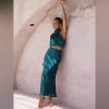 imageIDOPIP Womens Satin Top Long Skirt Dress Sets 2PCS Formal Cocktail Party Outfit Elegant Evening Prom Wedding Bridesmaid GownPeacock Blue