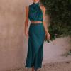 imageIDOPIP Womens Satin Top Long Skirt Dress Sets 2PCS Formal Cocktail Party Outfit Elegant Evening Prom Wedding Bridesmaid GownPeacock Blue