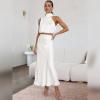 imageIDOPIP Womens Satin Top Long Skirt Dress Sets 2PCS Formal Cocktail Party Outfit Elegant Evening Prom Wedding Bridesmaid GownWhite