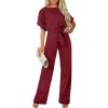 imageIDOPIP Belted Jumpsuit for Women Elegant Dressy Romper Short Sleeve Wide Leg Jumpsuits Summer Casual Round Neck Work Jumpsuit