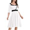 imageIDOPIP Women 1950s Vintage Stripe Swing Dress Halloween Costume Audrey Hepburn Style Cosplay Outfit Cocktail Party Midi DressWhite