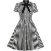 imageIDOPIP Women Black Striped Halloween Cosplay Costume Dress Elegant Tie Neck Midi Dress 1950s Vintage Cocktail Shirt DressBlack and White