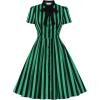 imageIDOPIP Women Black Striped Halloween Cosplay Costume Dress Elegant Tie Neck Midi Dress 1950s Vintage Cocktail Shirt DressGreen