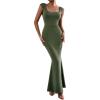 imageIDOPIP Women Elegant Mermaid Hem Bodycon Maxi Dress Square Neck Evening Party Gown Prom Wedding Guest Fishtail Cocktail DressGreen
