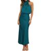 imageIDOPIP Women Elegant Satin Dress Sleeveless Halter Prom Party Gown Cocktail Bridesmaid Wedding Guest Outfit Formal Maxi DressPeacock Blue