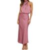 imageIDOPIP Women Elegant Satin Dress Sleeveless Halter Prom Party Gown Cocktail Bridesmaid Wedding Guest Outfit Formal Maxi DressPink