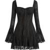 imageIDOPIP Women Long Bell Sleeve Corset Mini Dress Floral Lace Tie Front Ruffle Dress Empire Waist Club Cocktail Party DressBlack