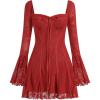 imageIDOPIP Women Long Bell Sleeve Corset Mini Dress Floral Lace Tie Front Ruffle Dress Empire Waist Club Cocktail Party DressRed