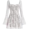 imageIDOPIP Women Long Bell Sleeve Corset Mini Dress Floral Lace Tie Front Ruffle Dress Empire Waist Club Cocktail Party DressWhite
