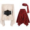 imageIDOPIP Women Renaissance Costume Halloween Pirate Dress Medieval Smoked Offshoulder Top Striped Skirt Bandana Corset OutfitApricot