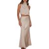 imageIDOPIP Womens Satin Top Long Skirt Dress Sets 2PCS Formal Cocktail Party Outfit Elegant Evening Prom Wedding Bridesmaid GownApricot