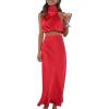 imageIDOPIP Womens Satin Top Long Skirt Dress Sets 2PCS Formal Cocktail Party Outfit Elegant Evening Prom Wedding Bridesmaid GownRed