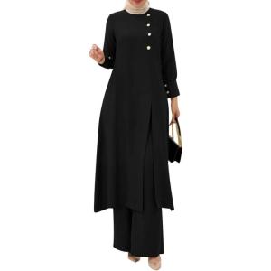 imageIDOPIP Abaya Dress for Women Muslim Set Long Sleeve Ramadan Islamic Dress Shirt with Pants 2PCS Dubai Prayer Casual ClothesBlack  Split