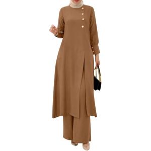 imageIDOPIP Abaya Dress for Women Muslim Set Long Sleeve Ramadan Islamic Dress Shirt with Pants 2PCS Dubai Prayer Casual ClothesKhaki  Split