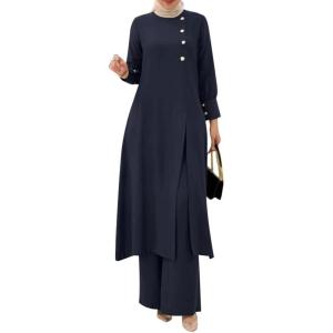 imageIDOPIP Abaya Dress for Women Muslim Set Long Sleeve Ramadan Islamic Dress Shirt with Pants 2PCS Dubai Prayer Casual ClothesNavy Blue  Split