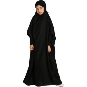 imageIDOPIP Muslim Dress for Girls One Piece Long Sleeve Islamic Prayer Dress with Hijab Casual Maxi Kaftan Abaya Gown ClothesBlack