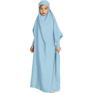imageIDOPIP Muslim Dress for Girls One Piece Long Sleeve Islamic Prayer Dress with Hijab Casual Maxi Kaftan Abaya Gown ClothesBlue