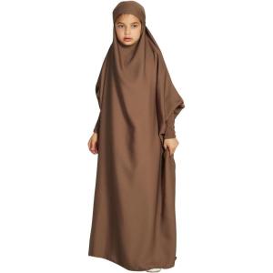 imageIDOPIP Muslim Dress for Girls One Piece Long Sleeve Islamic Prayer Dress with Hijab Casual Maxi Kaftan Abaya Gown ClothesCoffee