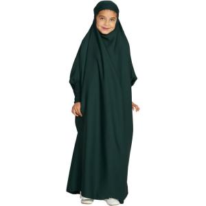 imageIDOPIP Muslim Dress for Girls One Piece Long Sleeve Islamic Prayer Dress with Hijab Casual Maxi Kaftan Abaya Gown ClothesGreen
