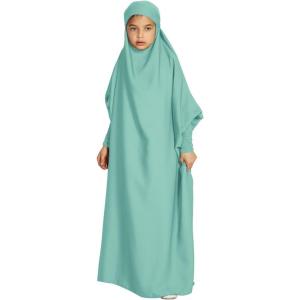 imageIDOPIP Muslim Dress for Girls One Piece Long Sleeve Islamic Prayer Dress with Hijab Casual Maxi Kaftan Abaya Gown ClothesLight Green